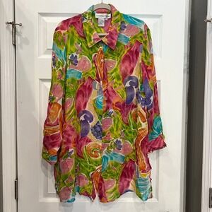 Galinda Wang Button Down Silk Abstract Painterly Art To Wear Blouse 20W Multi